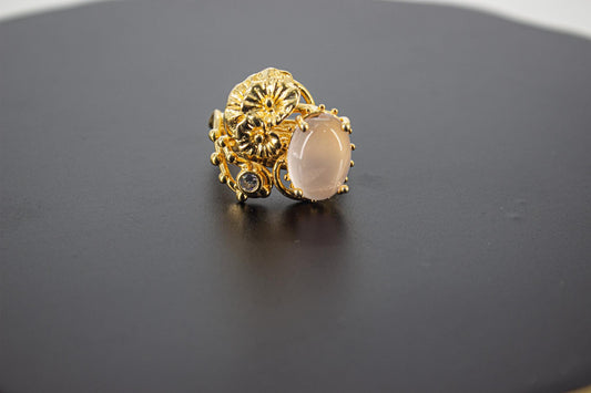 Handmade Organic 14K Gold Plated Rose Quartz & Zircon Ring – Nickel-Free Brass, Black Rhodium Detail, Sculptural Adjustable Boho