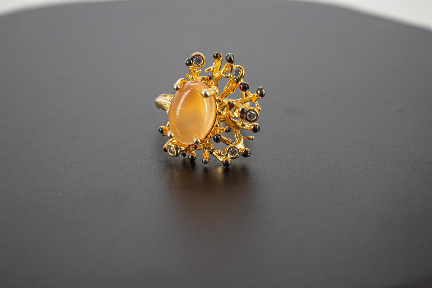 Handmade Organic 14K Gold Plated Goldi Stone & Zircon Ring – Nickel-Free Brass, Black Rhodium Detail, Sculptural Adjustable Boho