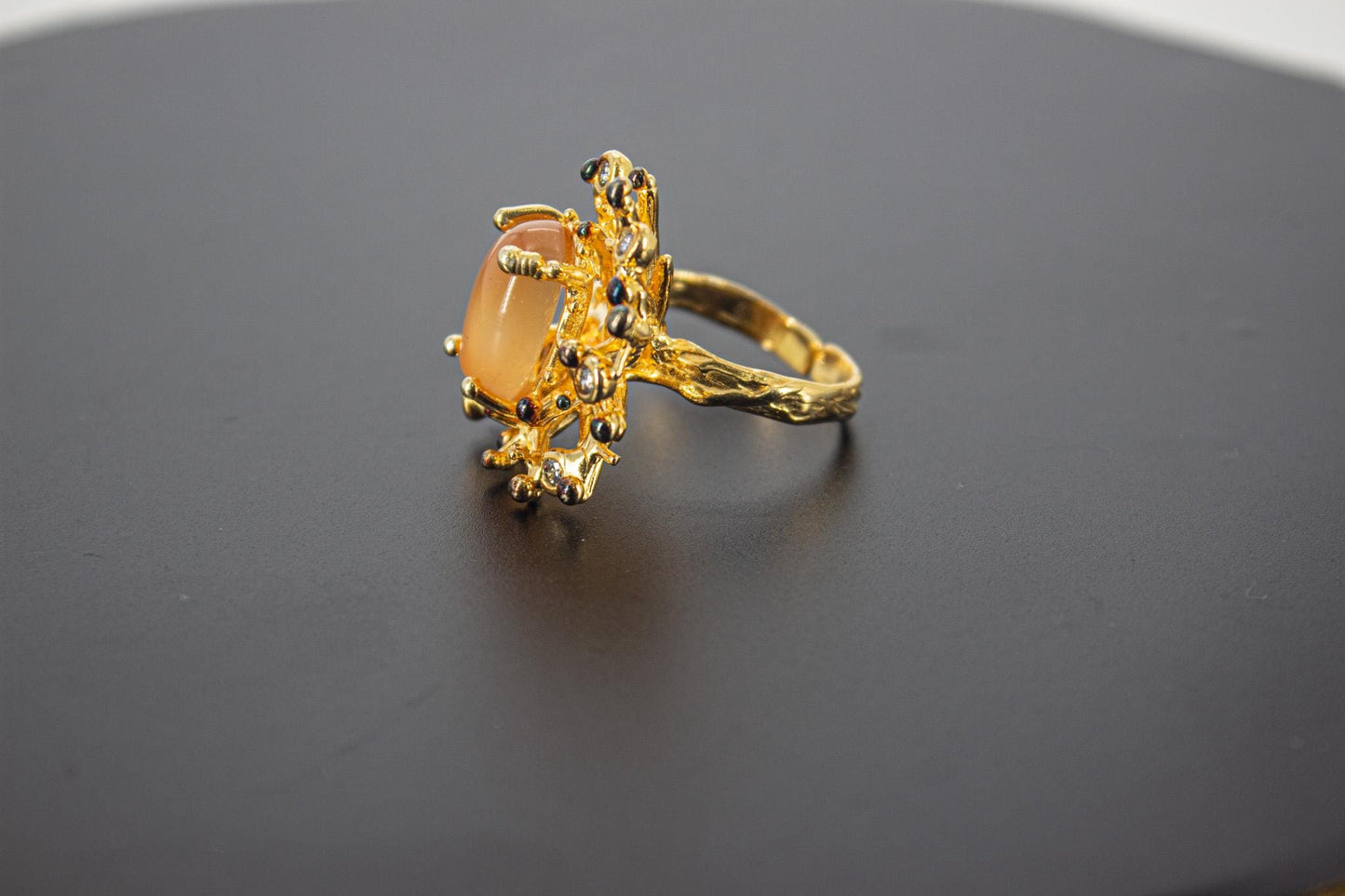 Handmade Organic 14K Gold Plated Goldi Stone & Zircon Ring – Nickel-Free Brass, Black Rhodium Detail, Sculptural Adjustable Boho
