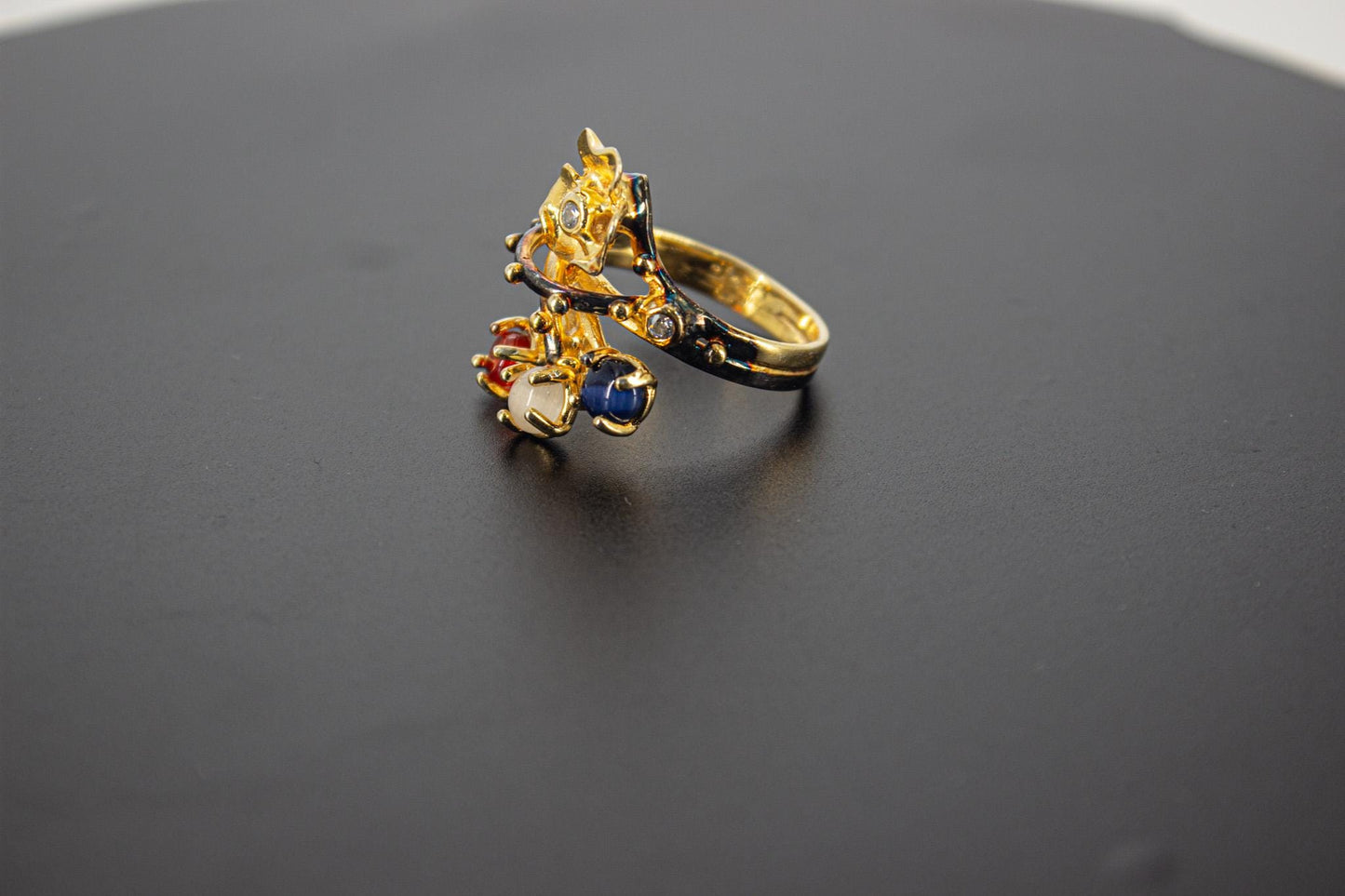 Handmade Organic 14K Gold Plated Moonstone & Natural Gemstone Ring – Nickel-Free Brass, Black Rhodium Detail, Sculptural Adjustable Boho
