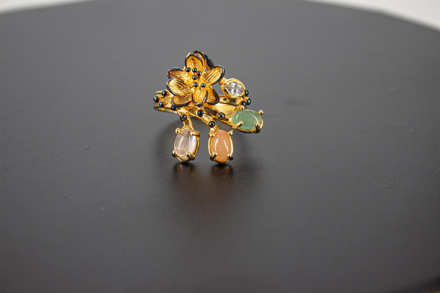 Handmade Organic 14K Gold Plated Natural Agate Ring – Nickel-Free Brass, Black Rhodium Detail, Sculptural Adjustable Boho