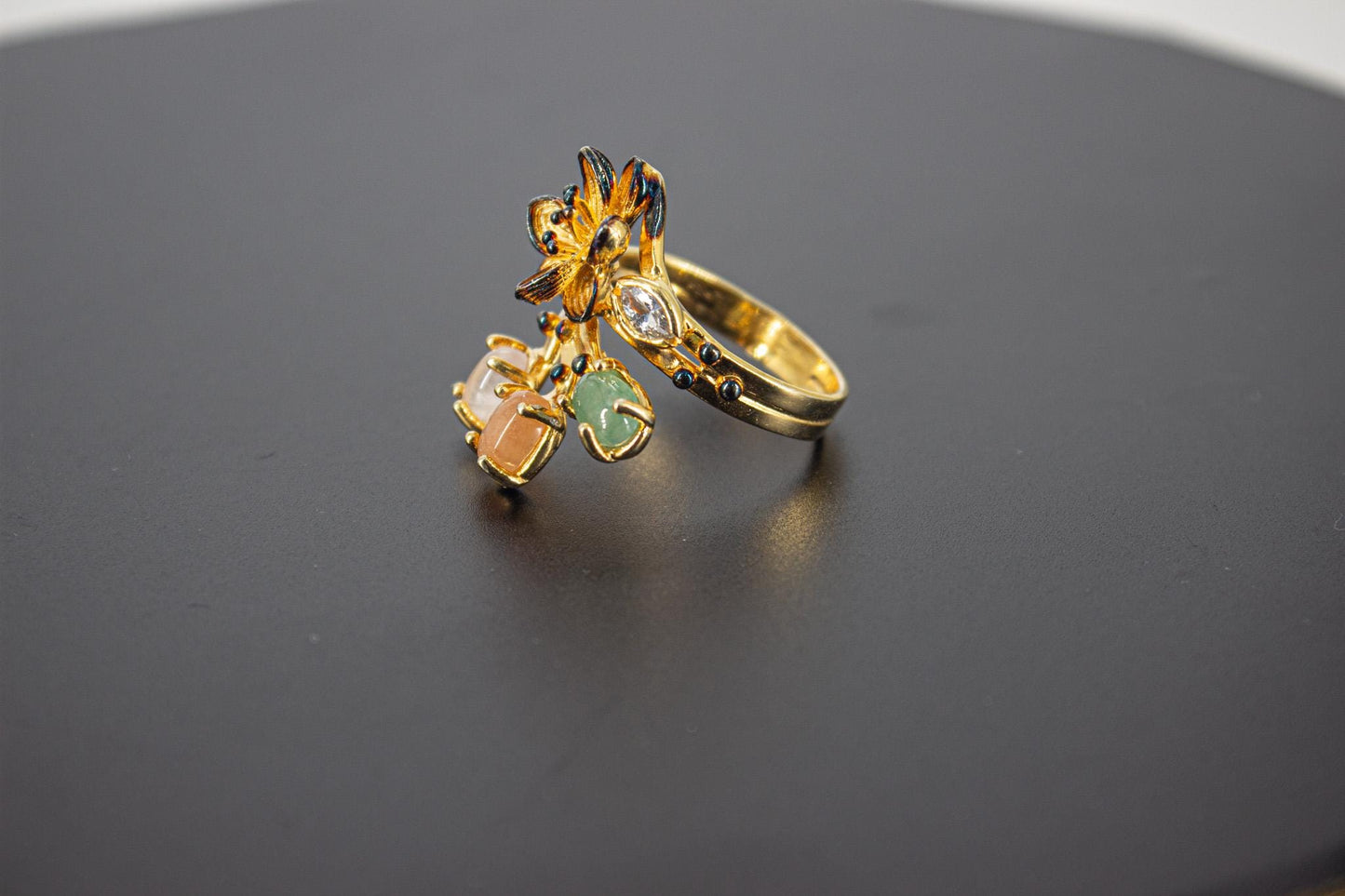 Handmade Organic 14K Gold Plated Natural Agate Ring – Nickel-Free Brass, Black Rhodium Detail, Sculptural Adjustable Boho