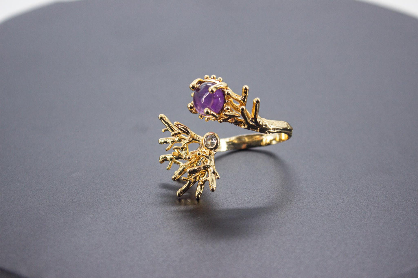 Handmade Organic 14K Gold Plated Amethyst & Zircon Ring – Nickel-Free Brass, Black Rhodium Detail, Sculptural Adjustable Boho