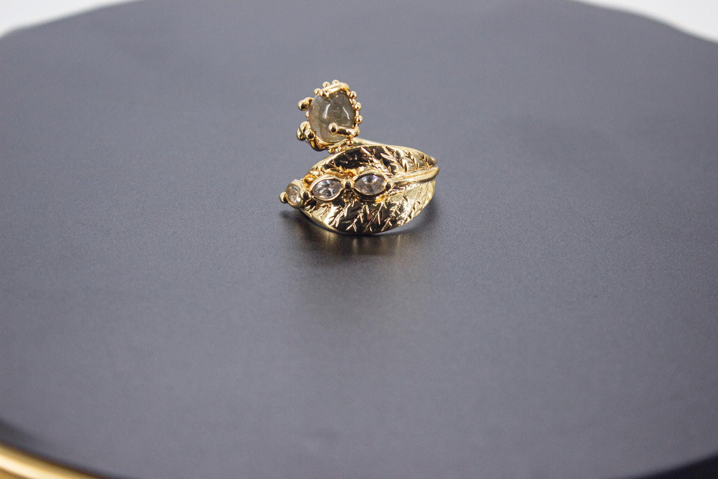 Handmade Organic 14K Gold Plated Black Rutile Quartz & Zircon Ring – Nickel-Free Brass, Sculptural Adjustable Boho