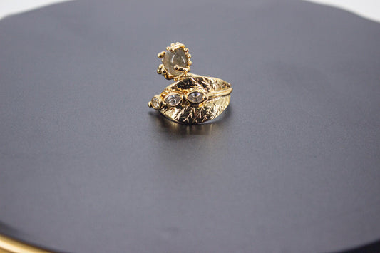 Handmade Organic 14K Gold Plated Black Rutile Quartz & Zircon Ring – Nickel-Free Brass, Sculptural Adjustable Boho