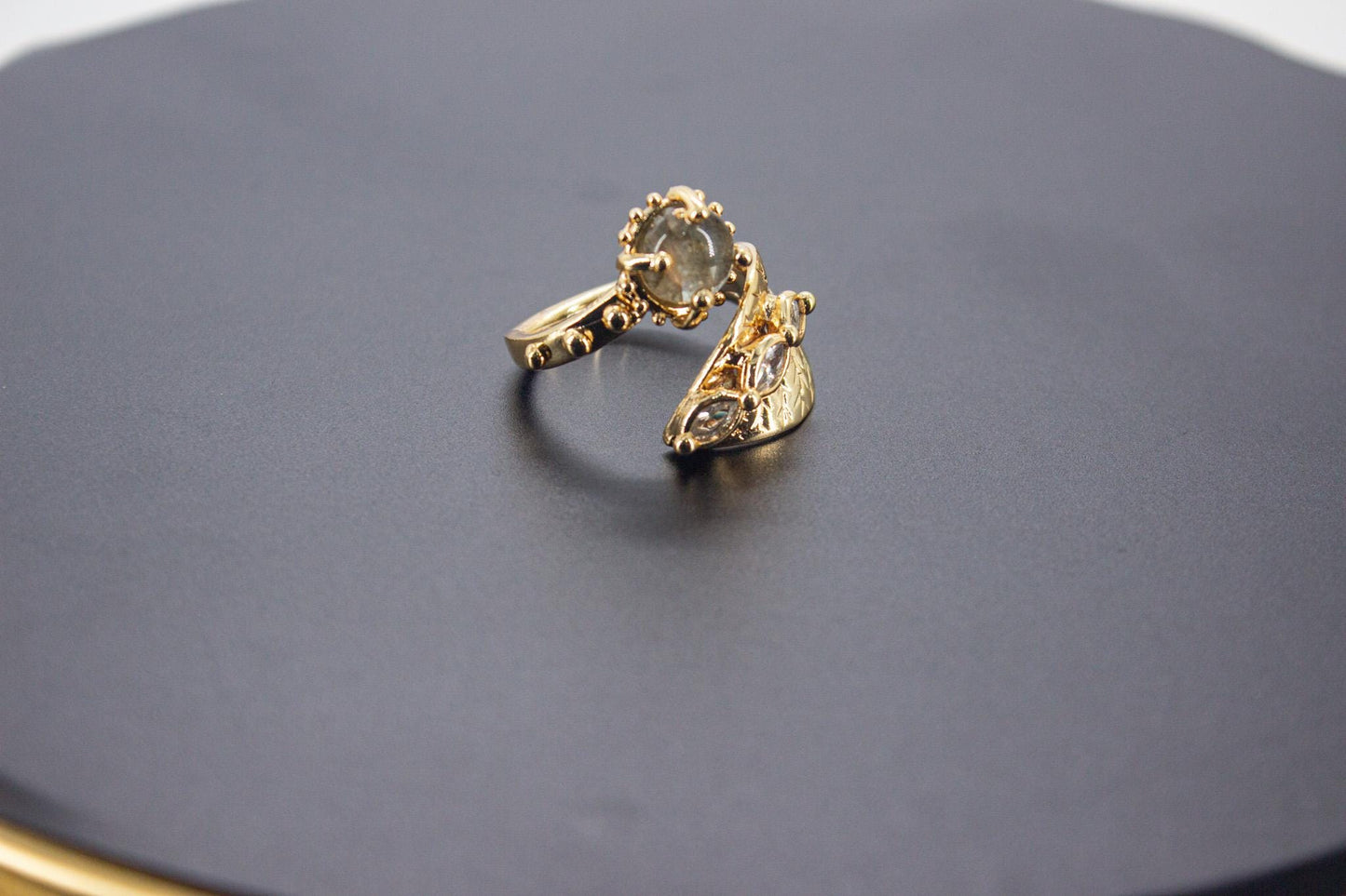 Handmade Organic 14K Gold Plated Black Rutile Quartz & Zircon Ring – Nickel-Free Brass, Sculptural Adjustable Boho