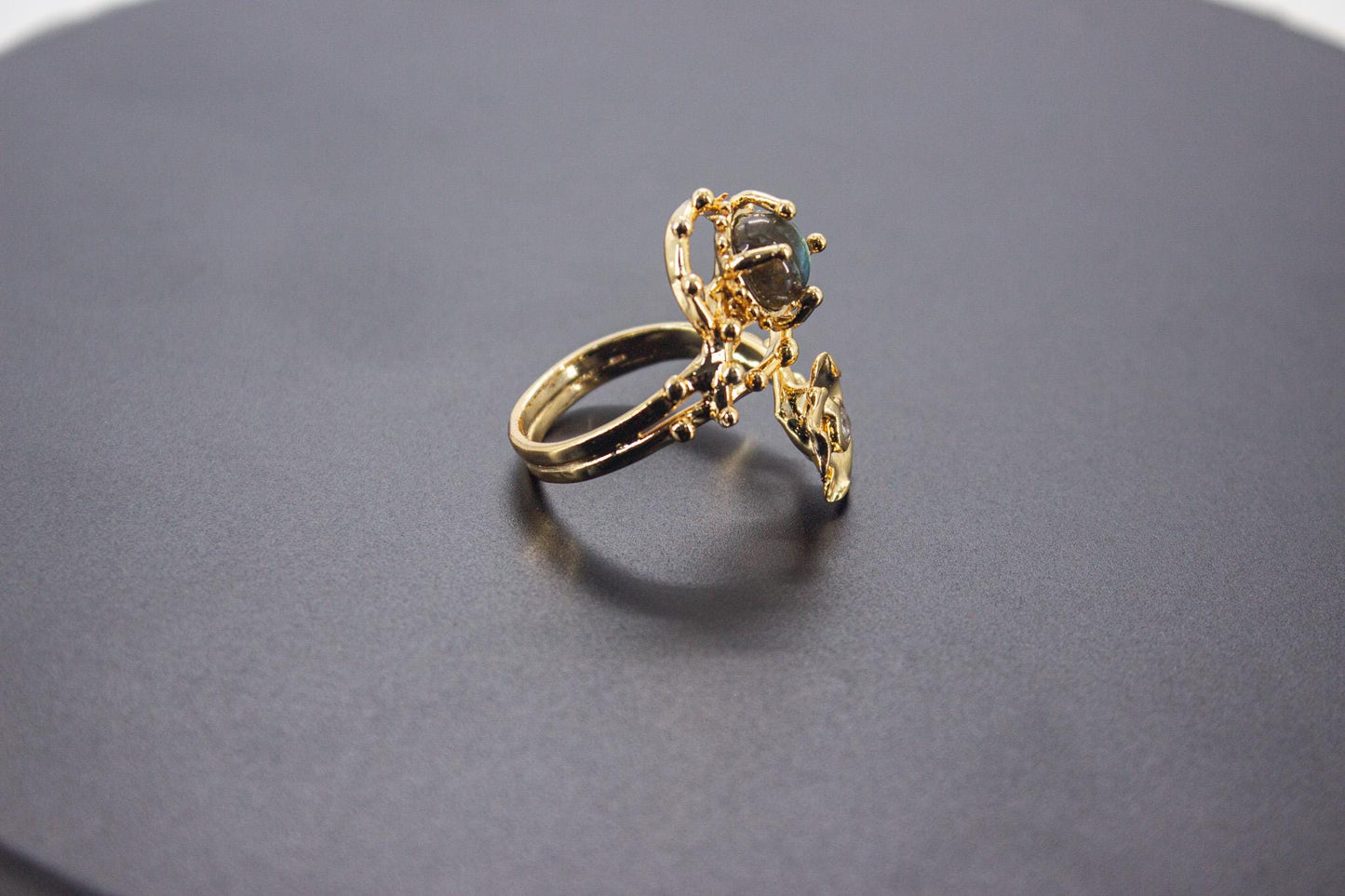 Handmade Organic 14K Gold Plated Labradorite & Zircon Ring – Nickel-Free Brass, Sculptural Adjustable Boho