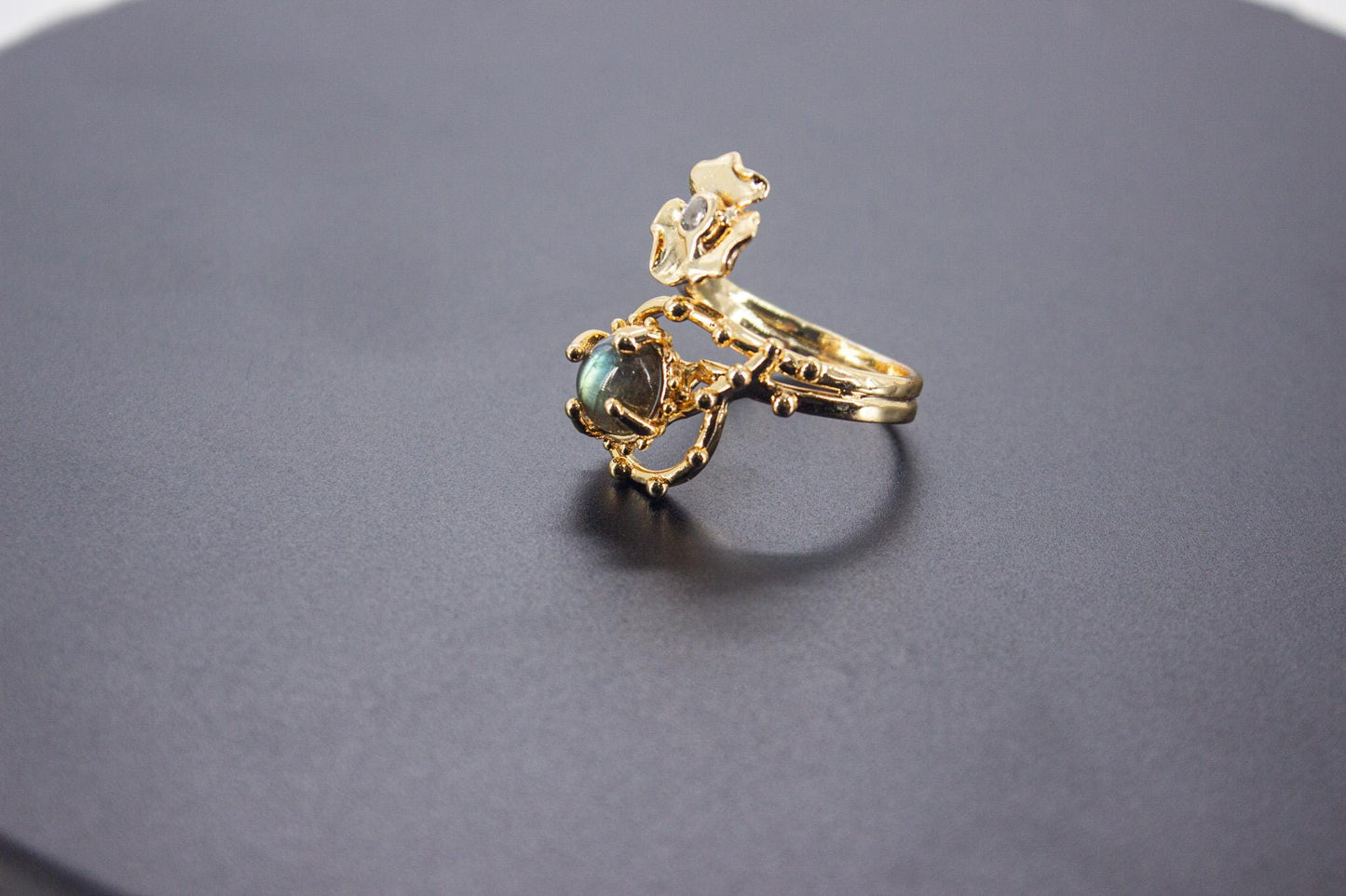 Handmade Organic 14K Gold Plated Labradorite & Zircon Ring – Nickel-Free Brass, Sculptural Adjustable Boho