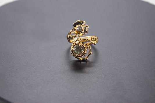 Handmade Organic 14K Gold Plated Labradorite & Zircon Ring – Nickel-Free Brass, Sculptural Adjustable Boho