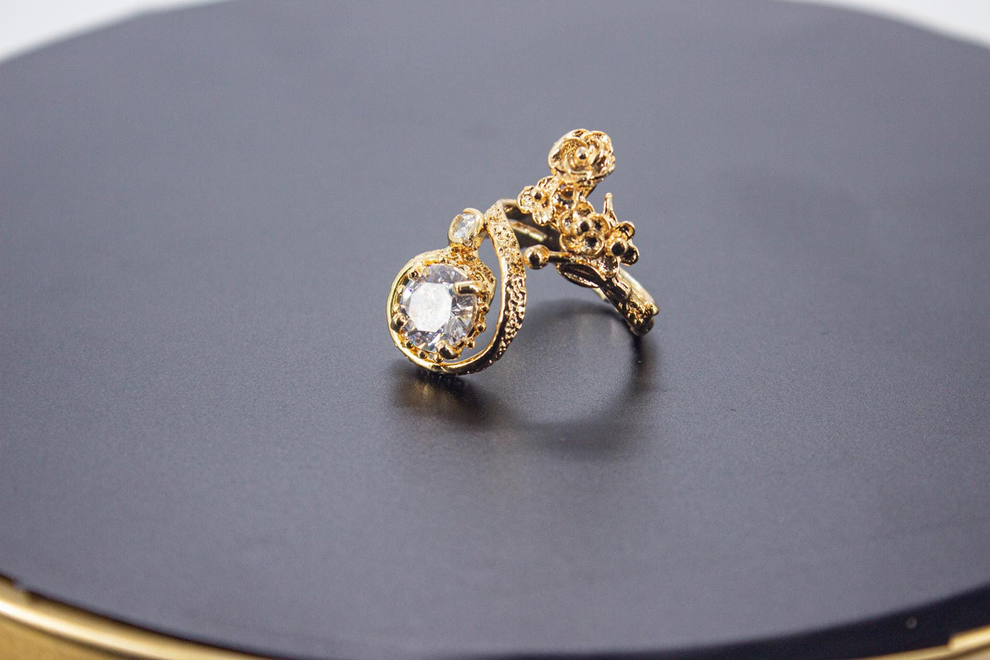 Handmade Organic 14K Gold Plated Ice Cut & Zircon Ring – Nickel-Free Brass, Sculptural Adjustable Boho