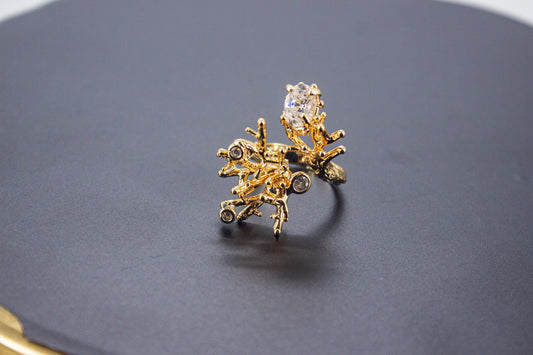 Handmade Organic 14K Gold Plated Ice Cut & Zircon Ring – Nickel-Free Brass, Sculptural Adjustable Boho