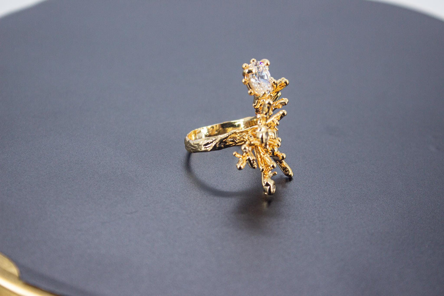 Handmade Organic 14K Gold Plated Ice Cut & Zircon Ring – Nickel-Free Brass, Sculptural Adjustable Boho