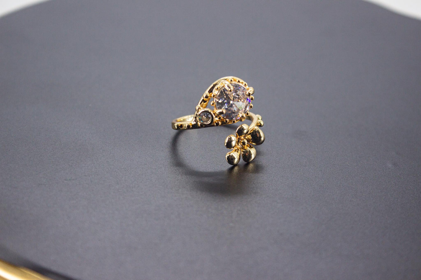 Handmade Organic 14K Gold Plated Ice Cut & Zircon Ring – Nickel-Free Brass, Sculptural Adjustable Boho