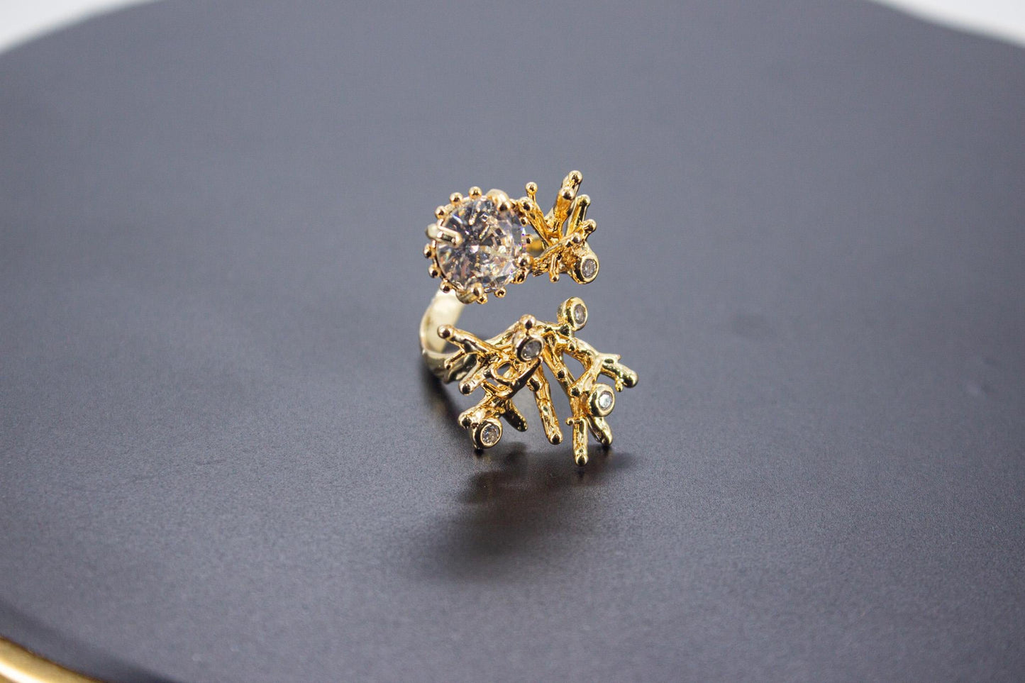 Handmade Ice Cut & Zircon Ring – Organic 14K Gold Plated Brass, Sculptural Adjustable Boho