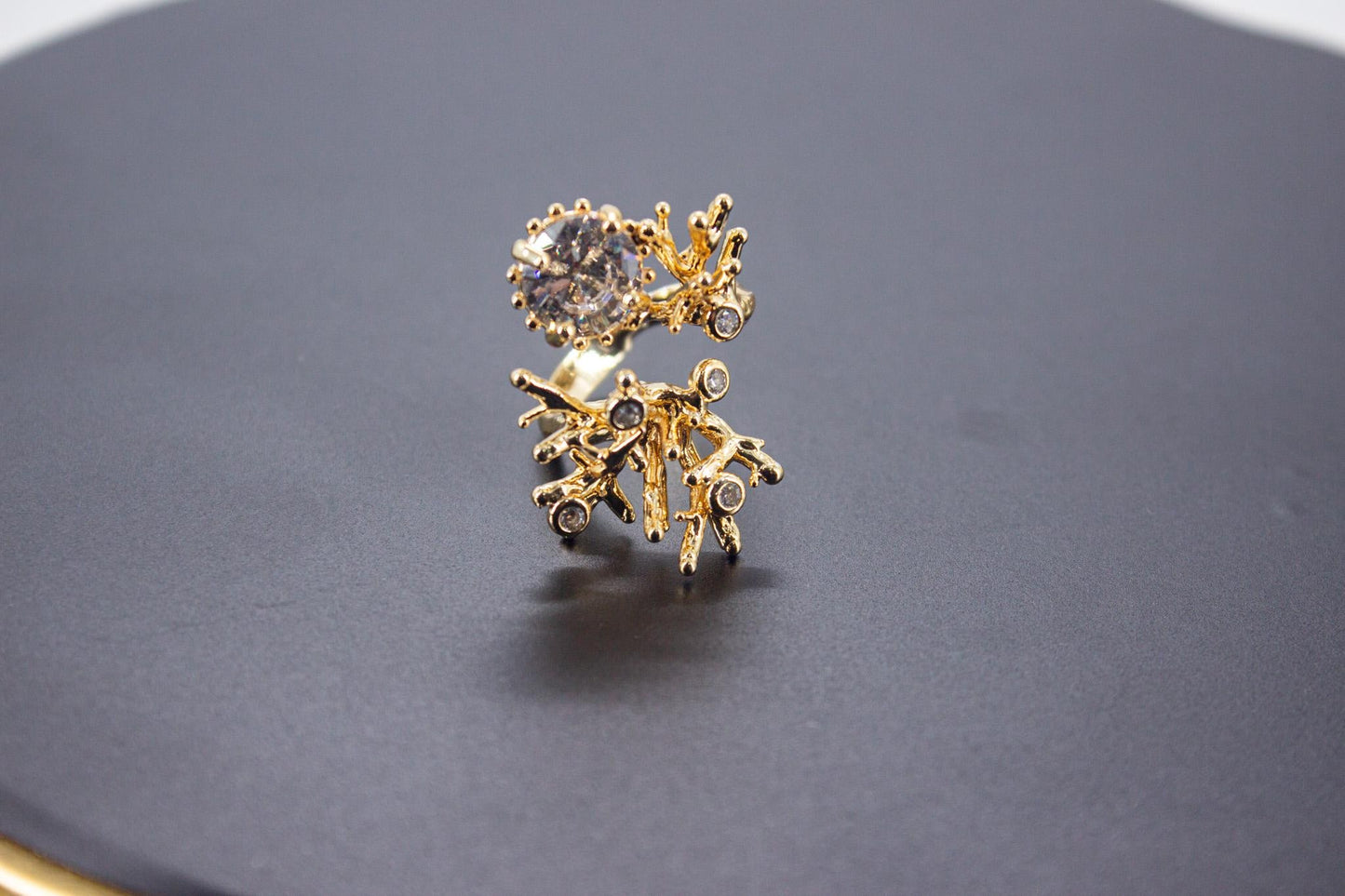 Handmade Ice Cut & Zircon Ring – Organic 14K Gold Plated Brass, Sculptural Adjustable Boho