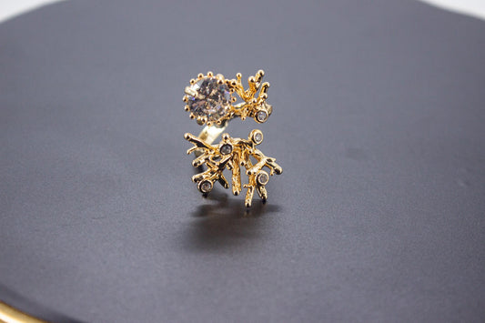 Handmade Ice Cut & Zircon Ring – Organic 14K Gold Plated Brass, Sculptural Adjustable Boho