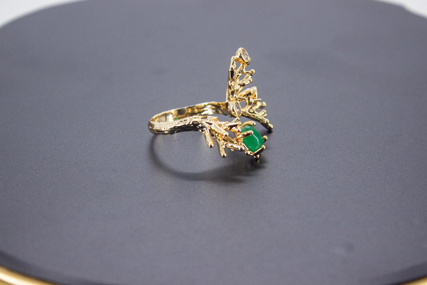 Handmade Organic 14K Gold Plated Green Agate & Zircon Ring – Nickel-Free Brass, Sculptural Adjustable Boho