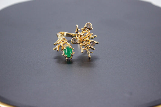 Handmade Organic 14K Gold Plated Green Agate & Zircon Ring – Nickel-Free Brass, Sculptural Adjustable Boho