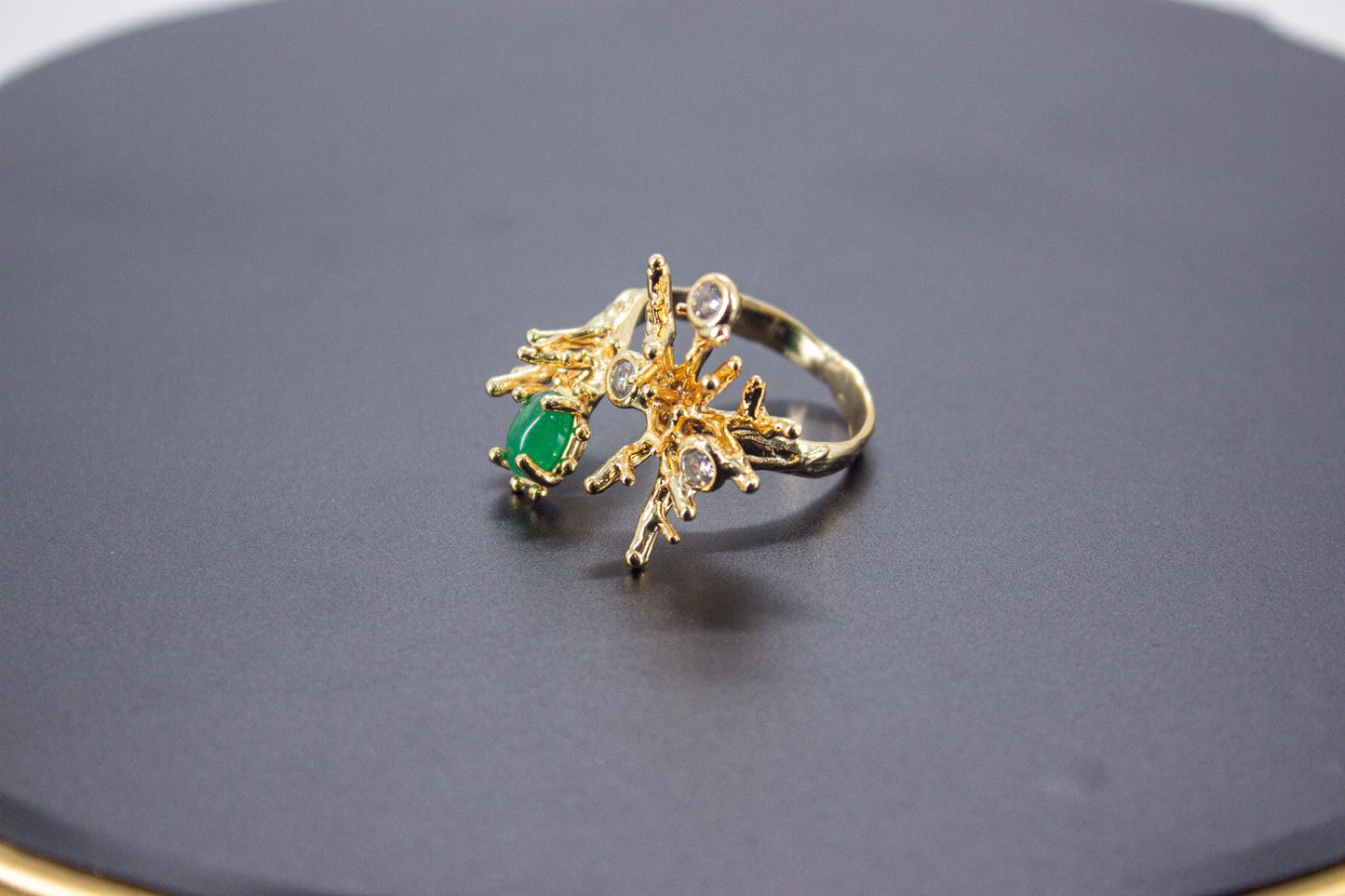 Handmade Organic 14K Gold Plated Green Agate & Zircon Ring – Nickel-Free Brass, Sculptural Adjustable Boho