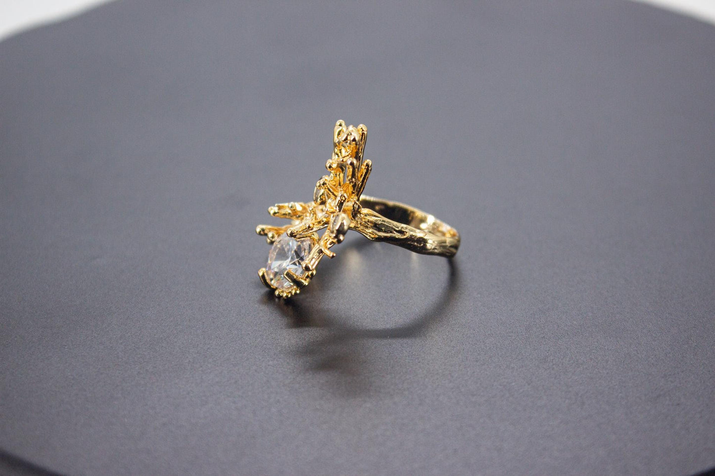 Organic 14K Gold Plated Ice Cut & Zircon Ring – Handmade Brass, Sculptural Adjustable Boho Jewelry