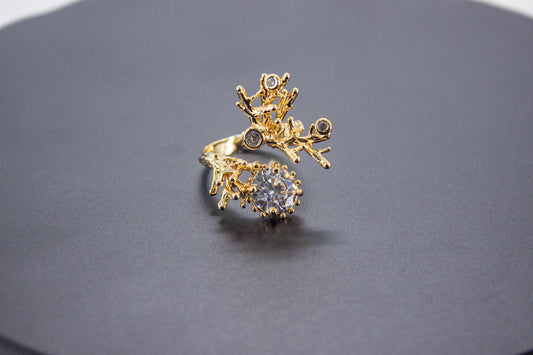 Organic 14K Gold Plated Ice Cut & Zircon Ring – Handmade Brass, Sculptural Adjustable Boho Jewelry
