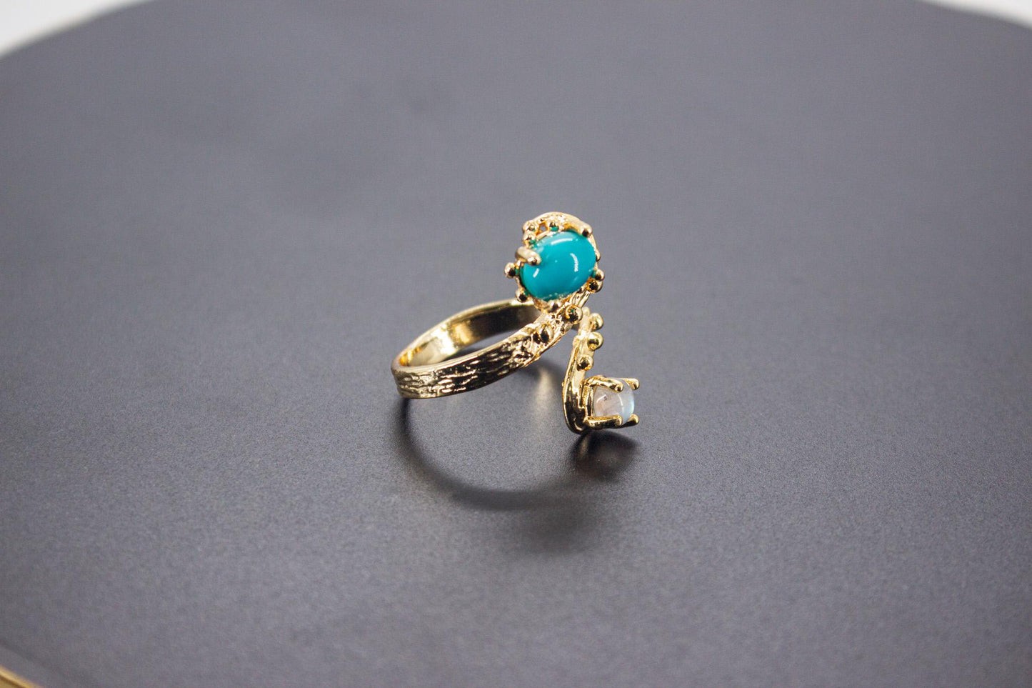 Handmade Organic 14K Gold Plated Amazonite & Moonstone Ring – Nickel-Free Brass, Sculptural Adjustable Boho Jewelry