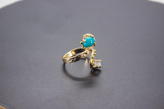 Handmade Organic 14K Gold Plated Amazonite & Moonstone Ring – Nickel-Free Brass, Sculptural Adjustable Boho Jewelry