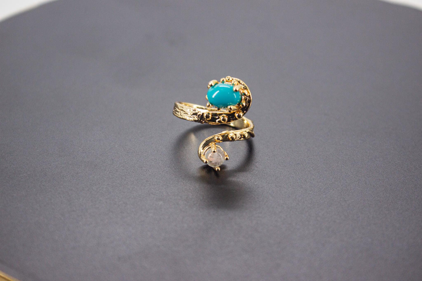 Handmade Organic 14K Gold Plated Amazonite & Moonstone Ring – Nickel-Free Brass, Sculptural Adjustable Boho Jewelry