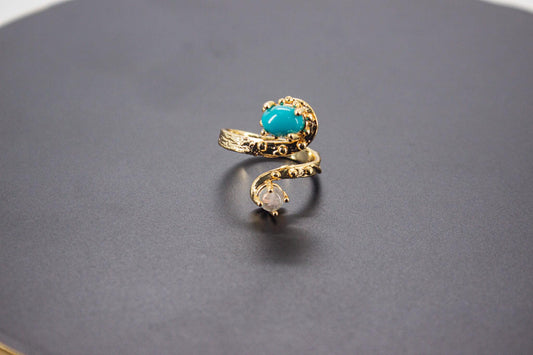 Handmade Organic 14K Gold Plated Amazonite & Moonstone Ring – Nickel-Free Brass, Sculptural Adjustable Boho Jewelry