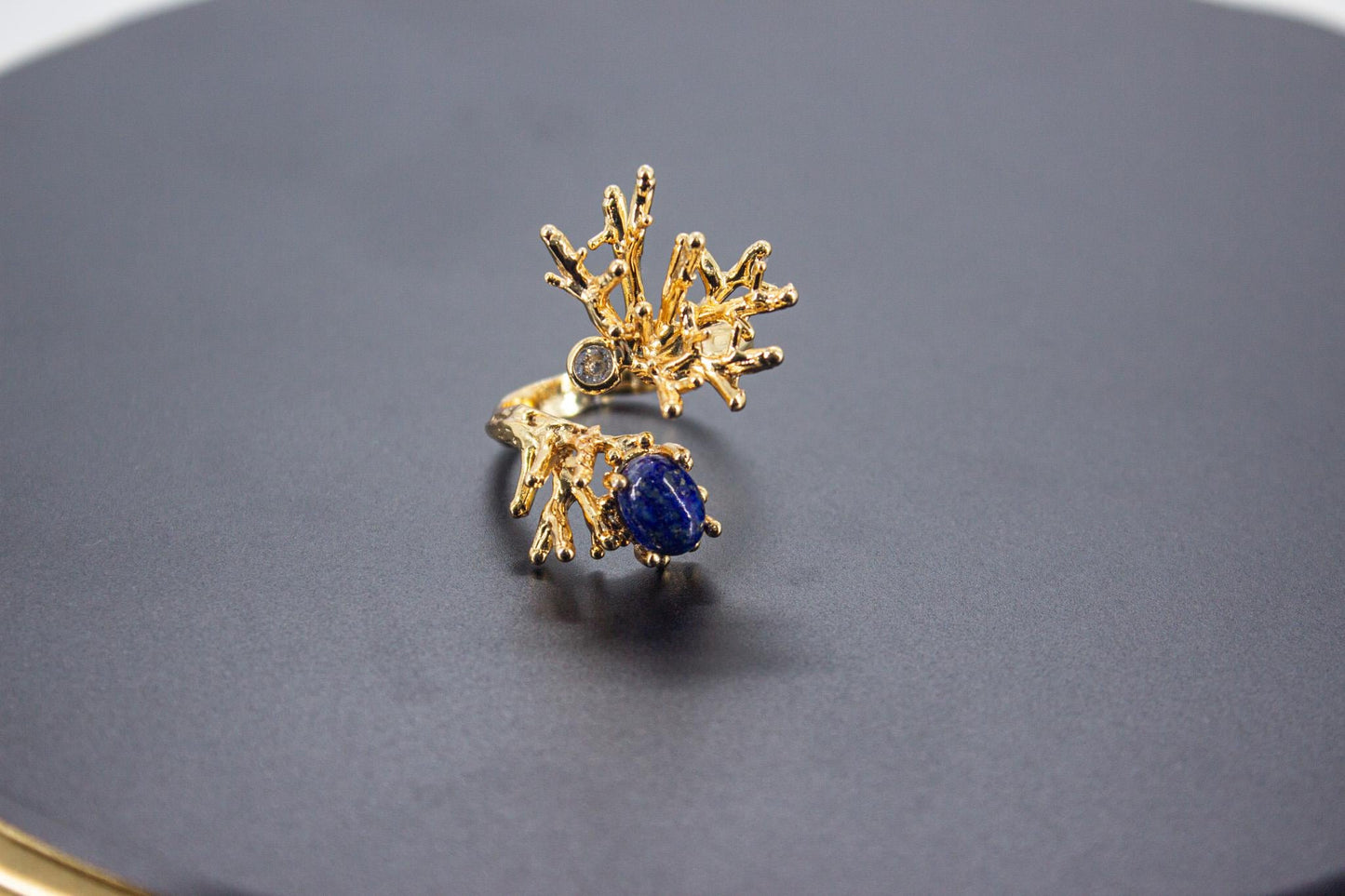 Handmade Organic 14K Gold Plated Lapis & Zircon Ring – Nickel-Free Brass, Sculptural Adjustable Boho Jewelry