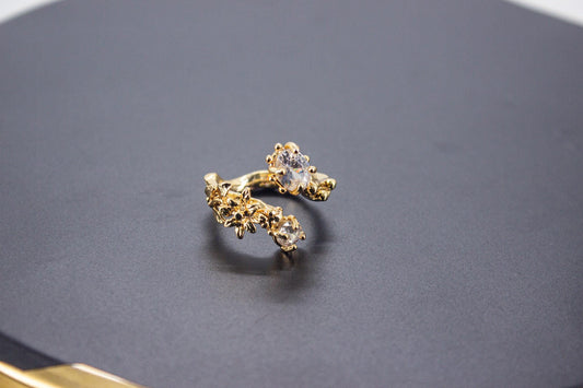 Handmade Organic 14K Gold Plated Ice Cut Stone & Zircon Ring – Nickel-Free Brass, Sculptural Adjustable Boho Jewelry
