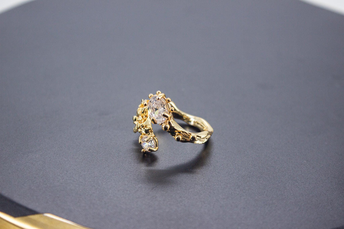 Handmade Organic 14K Gold Plated Ice Cut Stone & Zircon Ring – Nickel-Free Brass, Sculptural Adjustable Boho Jewelry