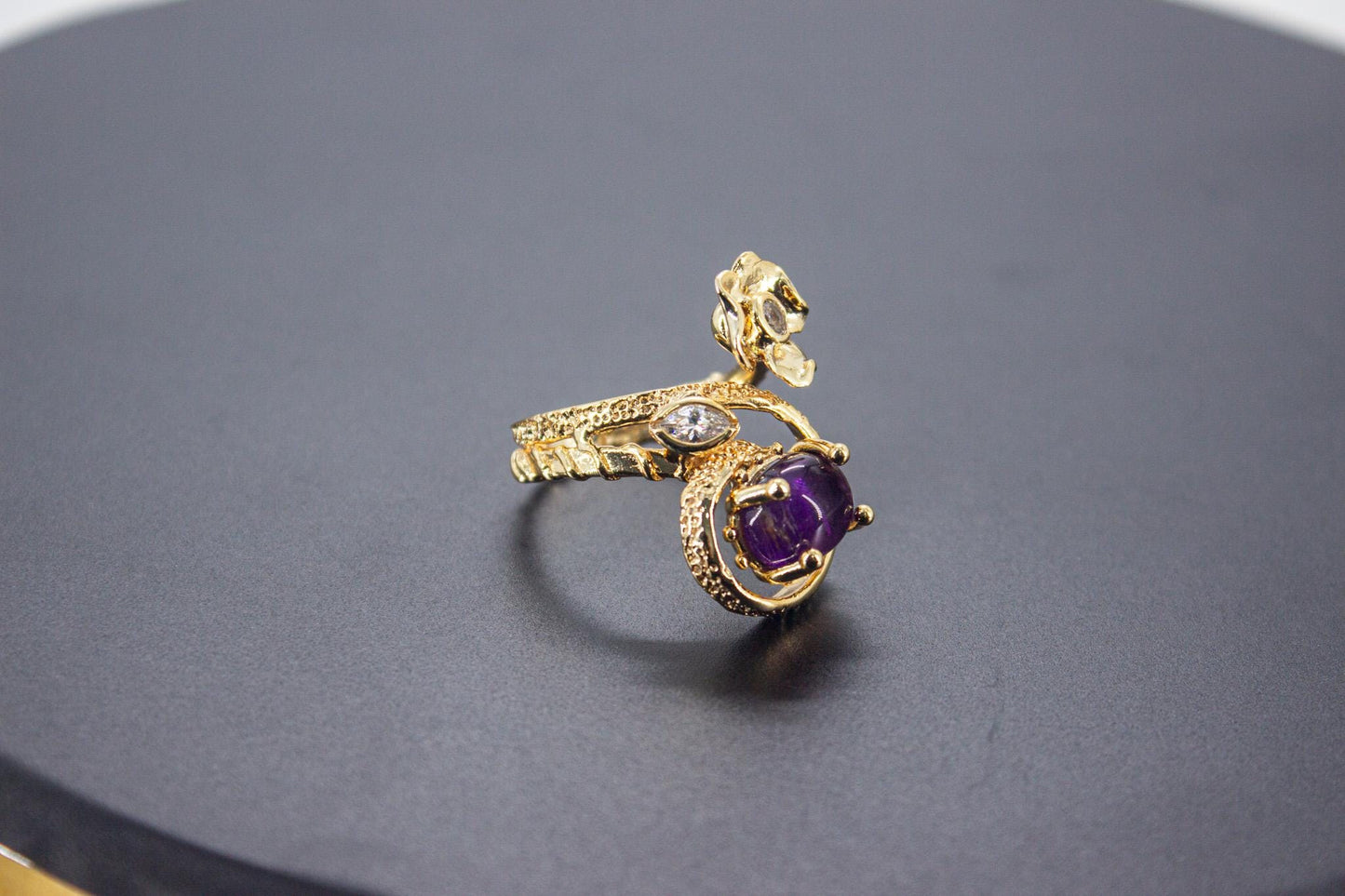 Handmade Organic 14K Gold Plated Amethyst & Zircon Ring – Nickel-Free Brass, Sculptural Adjustable Boho Jewelry