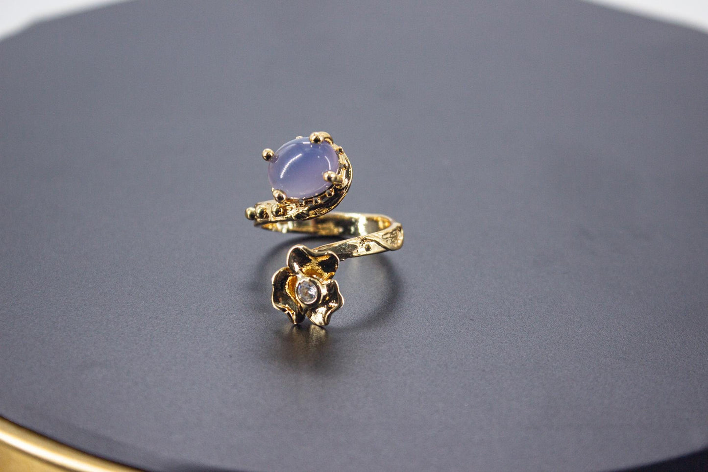 Handmade Organic 14K Gold Plated Amethyst & Zircon Statement Ring – Nickel-Free Brass, Sculptural Adjustable Boho Jewelry