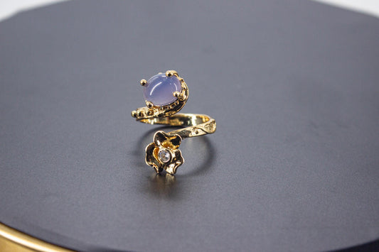 Handmade Organic 14K Gold Plated Amethyst & Zircon Statement Ring – Nickel-Free Brass, Sculptural Adjustable Boho Jewelry