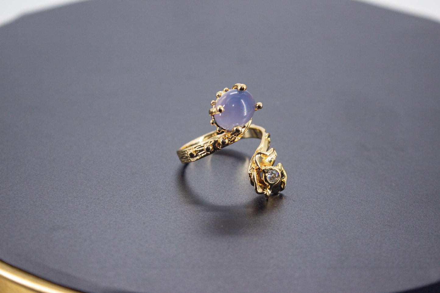 Handmade Organic 14K Gold Plated Amethyst & Zircon Statement Ring – Nickel-Free Brass, Sculptural Adjustable Boho Jewelry