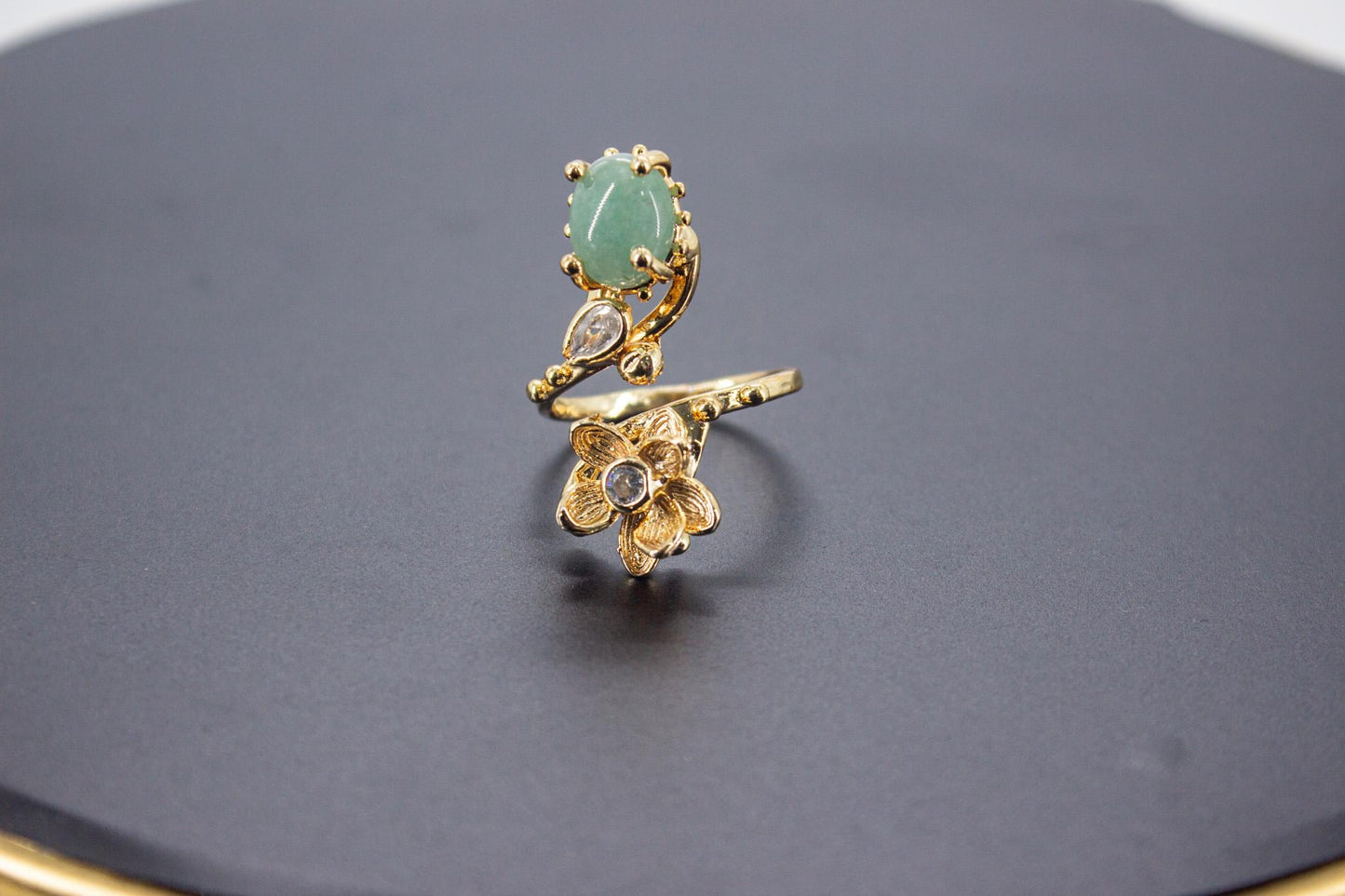 Handmade Organic 14K Gold Plated Jade & Zircon Ring – Nickel-Free Brass, Sculptural Adjustable Boho Jewelry