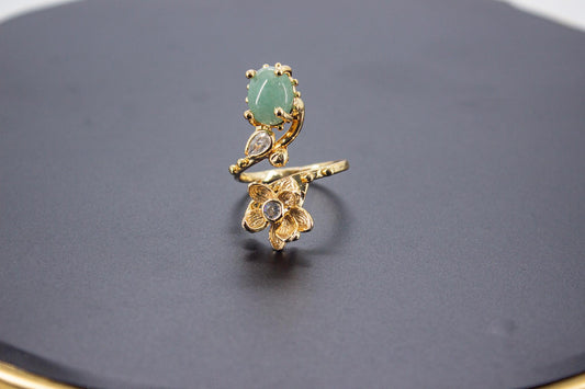 Handmade Organic 14K Gold Plated Jade & Zircon Ring – Nickel-Free Brass, Sculptural Adjustable Boho Jewelry