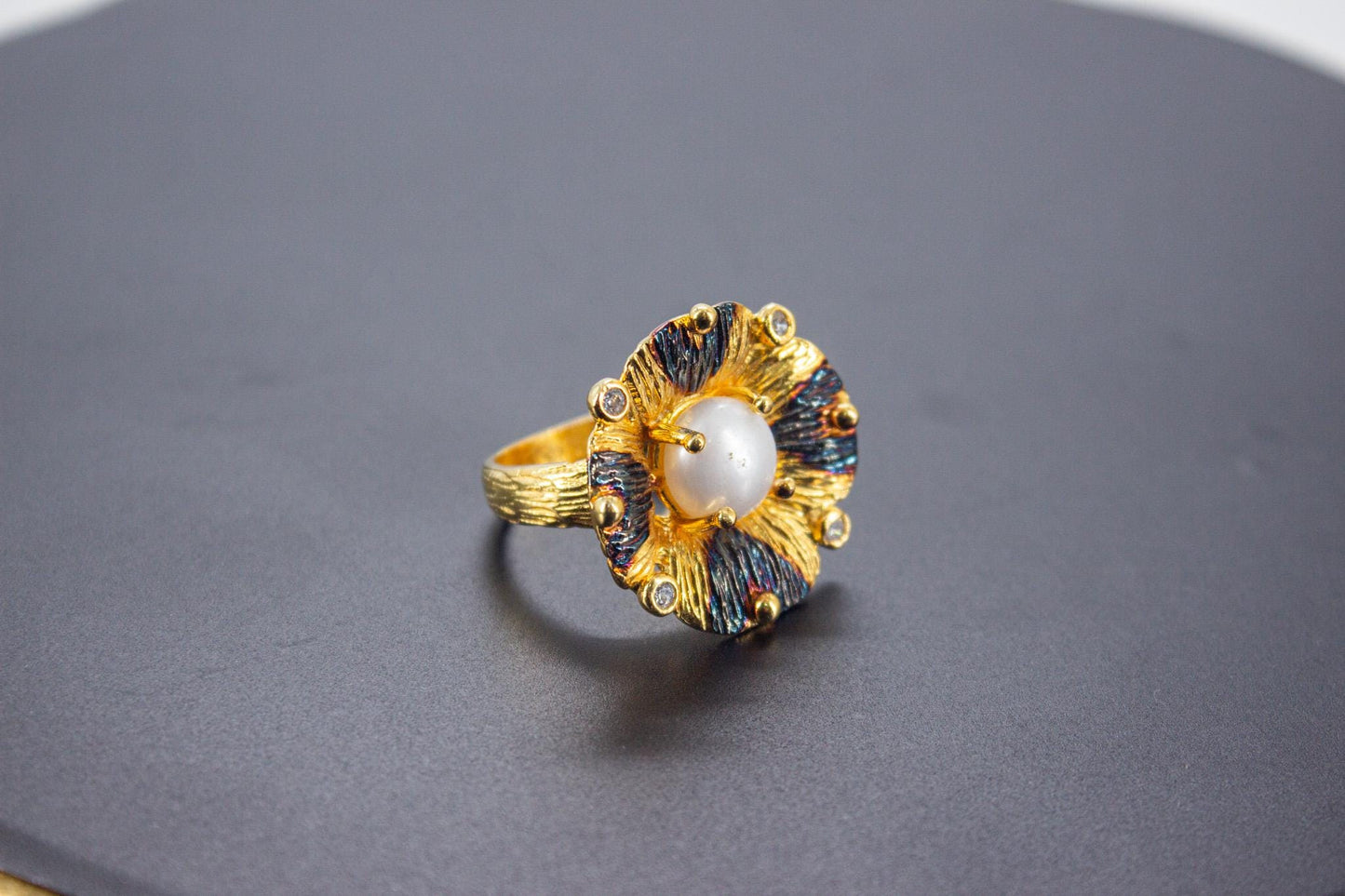 Handmade Organic 14K Gold Plated Pearl & Zircon Ring – Nickel-Free Brass, Sculptural Adjustable Boho Jewelry