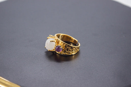 Handmade Organic 14K Gold Plated Amethyst & Moonstone Ring – Nickel-Free Brass, Sculptural Adjustable Boho Jewelry