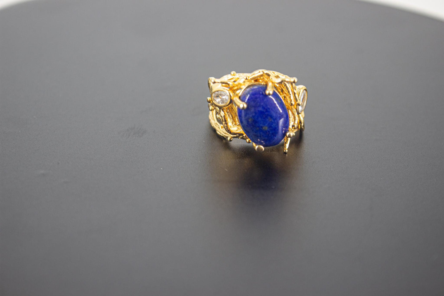 Organic 14K Gold Plated Lapis Lazuli Ring, Handmade Nickel-Free Brass Statement Ring, Chunky Blue Stone, Adjustable Boho Jewelry