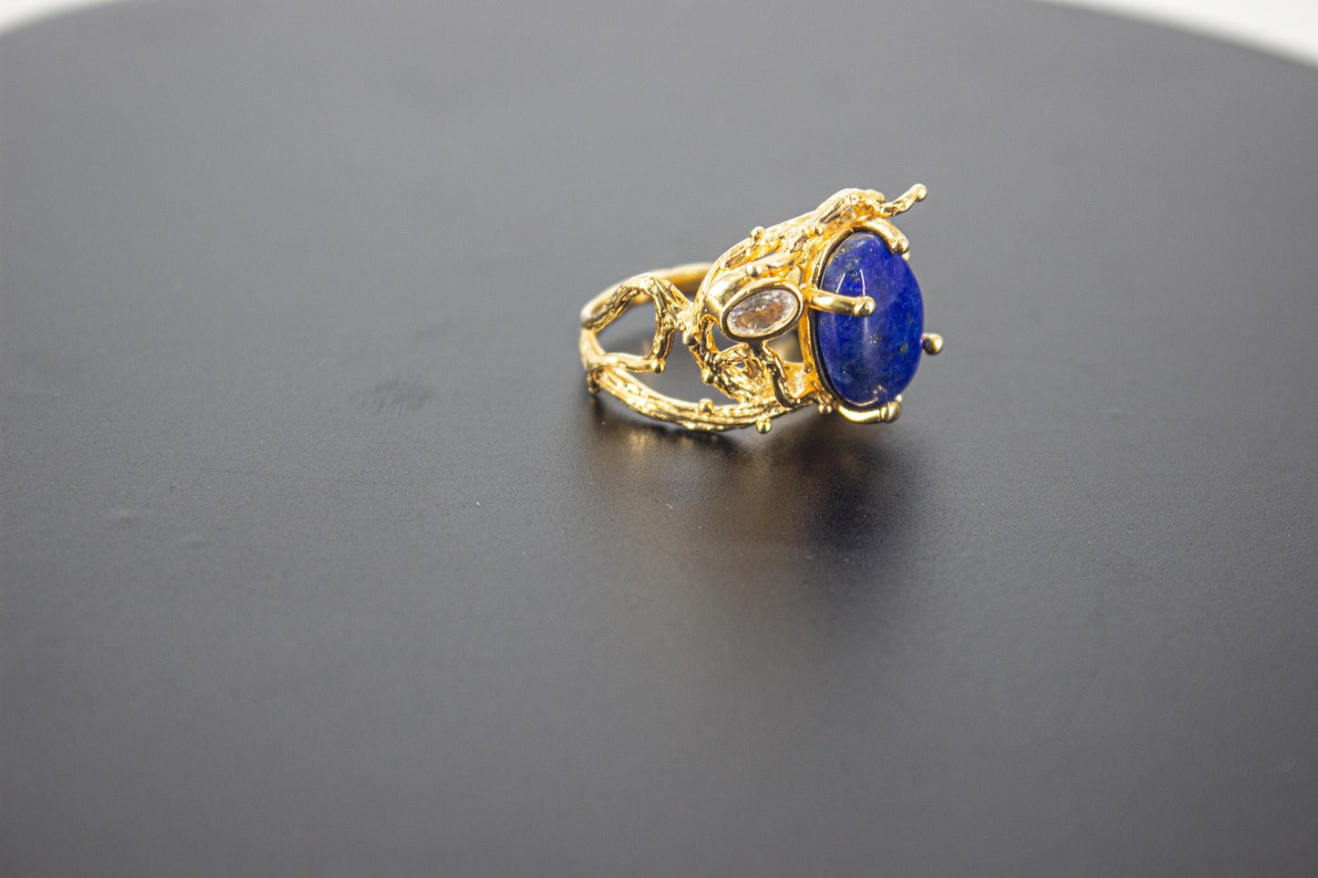 Organic 14K Gold Plated Lapis Lazuli Ring, Handmade Nickel-Free Brass Statement Ring, Chunky Blue Stone, Adjustable Boho Jewelry
