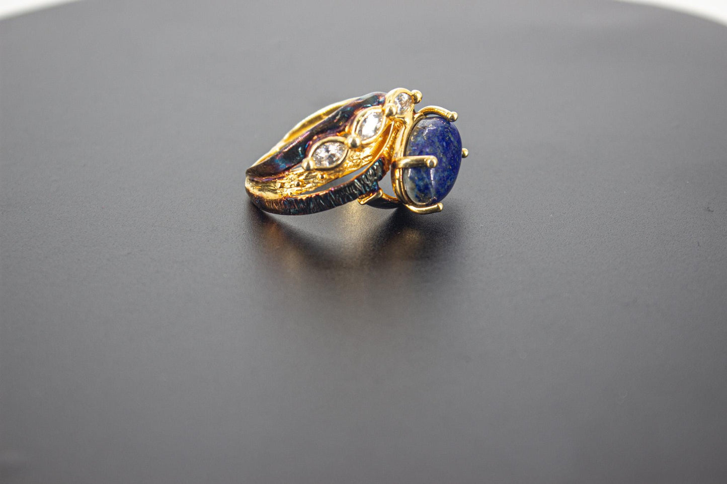Handmade Organic 14K Gold Plated Lapis Lazuli Ring – Black Rhodium Detail, Nickel-Free Brass, Chunky Blue Stone Adjustable Boho