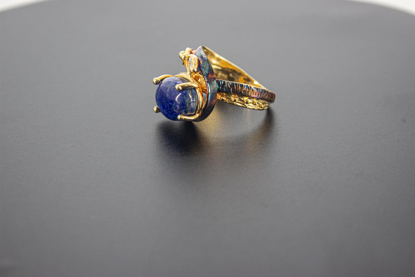 Handmade Organic 14K Gold Plated Lapis Lazuli Ring – Black Rhodium Detail, Nickel-Free Brass, Chunky Blue Stone Adjustable Boho