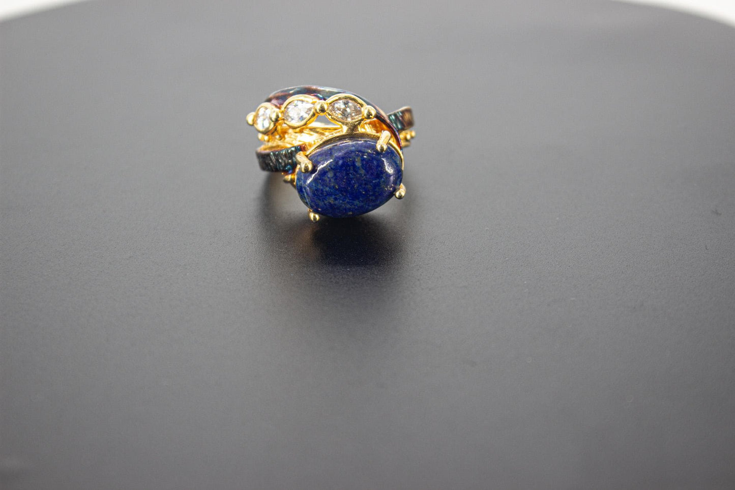 Handmade Organic 14K Gold Plated Lapis Lazuli Ring – Black Rhodium Detail, Nickel-Free Brass, Chunky Blue Stone Adjustable Boho