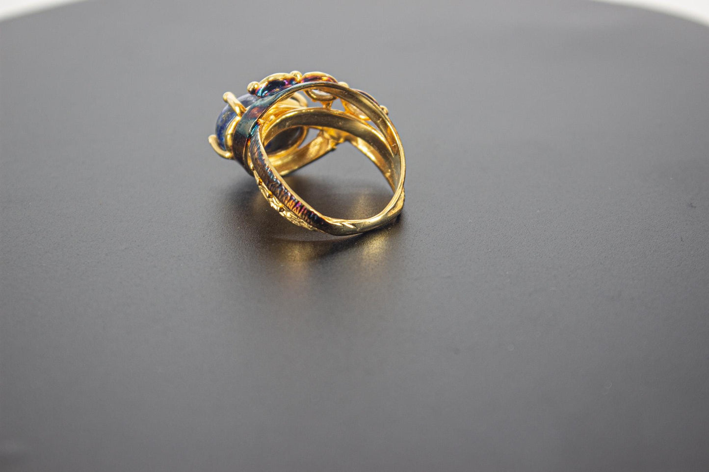 Handmade Organic 14K Gold Plated Lapis Lazuli Ring – Black Rhodium Detail, Nickel-Free Brass, Chunky Blue Stone Adjustable Boho