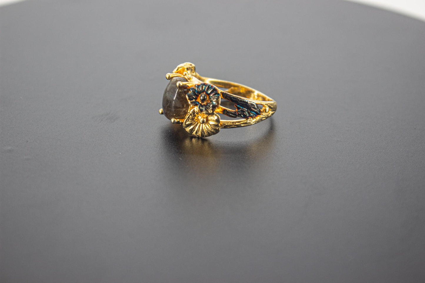 Handmade Organic 14K Gold Plated Labradorite Ring – Black Rhodium Detail, Nickel-Free Brass, Chunky Blue Stone Adjustable Boho