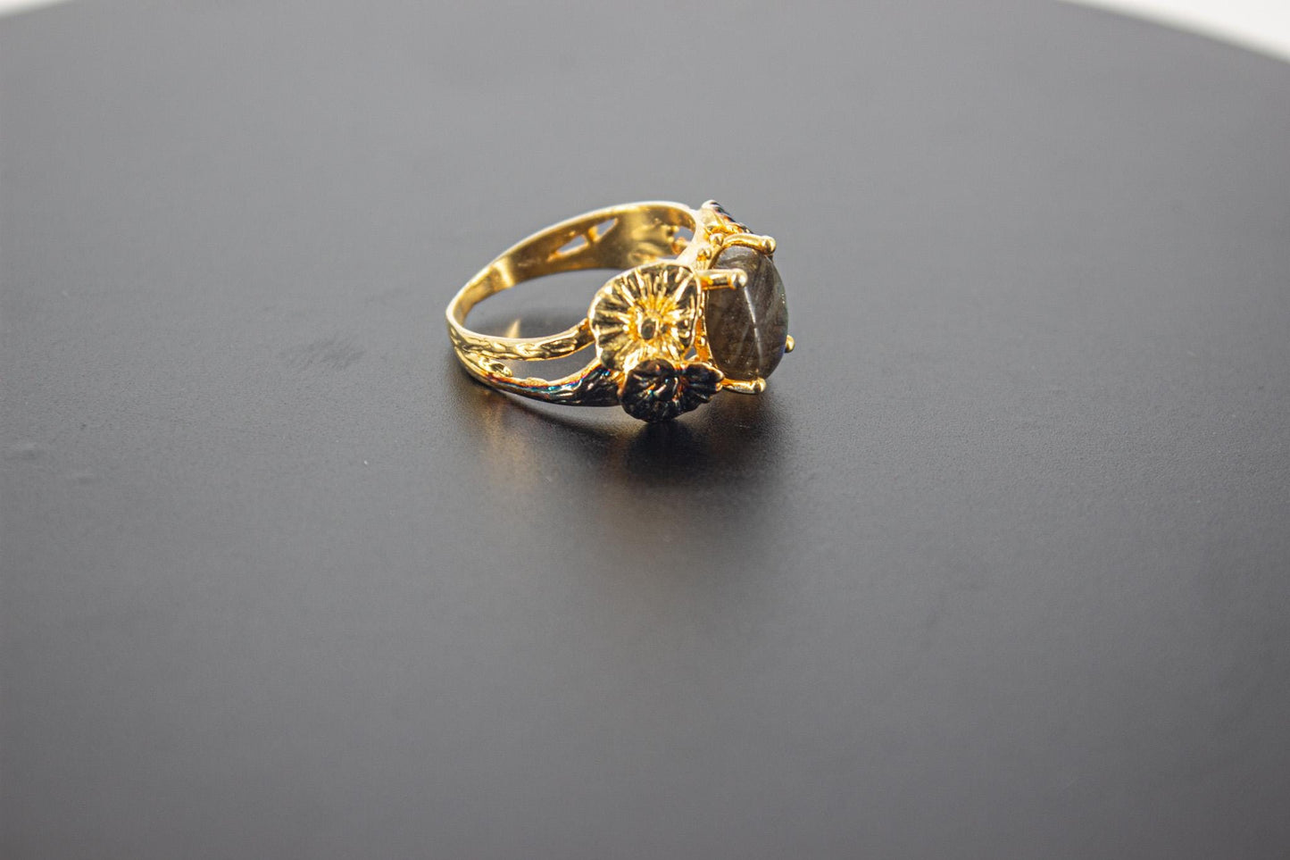 Handmade Organic 14K Gold Plated Labradorite Ring – Black Rhodium Detail, Nickel-Free Brass, Chunky Blue Stone Adjustable Boho