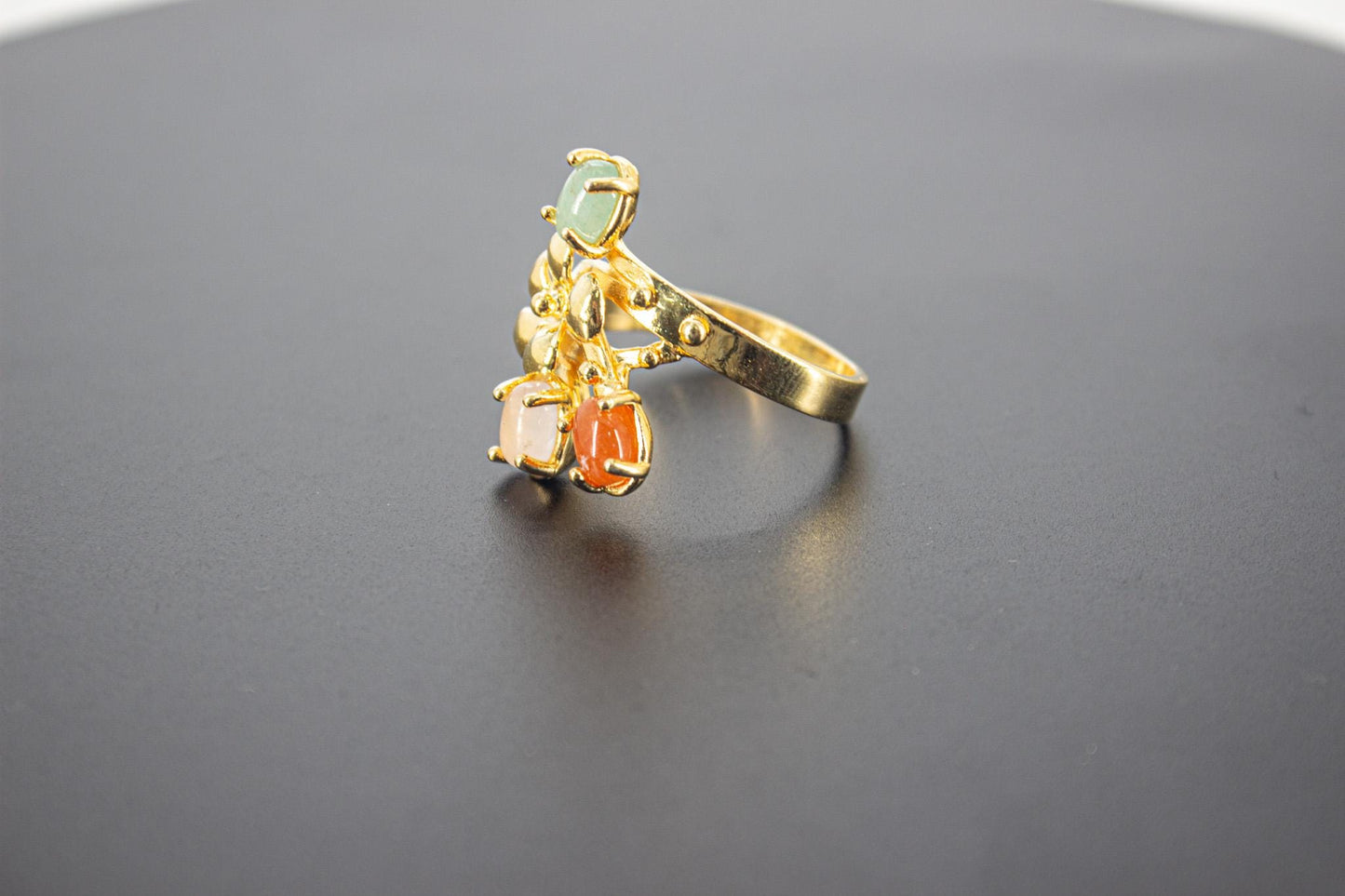 Handmade Organic 14K Gold Plated Natural Gemstone Ring – Black Rhodium Detail, Nickel-Free Brass, Chunky Adjustable Boho