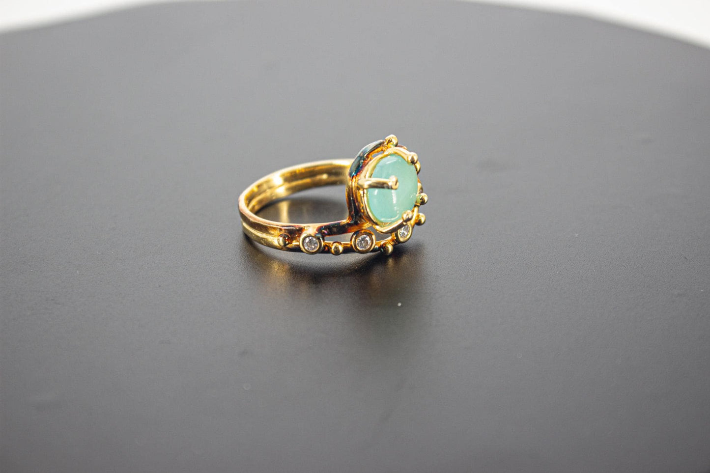 Handmade Organic 14K Gold Plated Green Agate Ring – Black Rhodium Detail, Nickel-Free Brass, Chunky Adjustable Boho